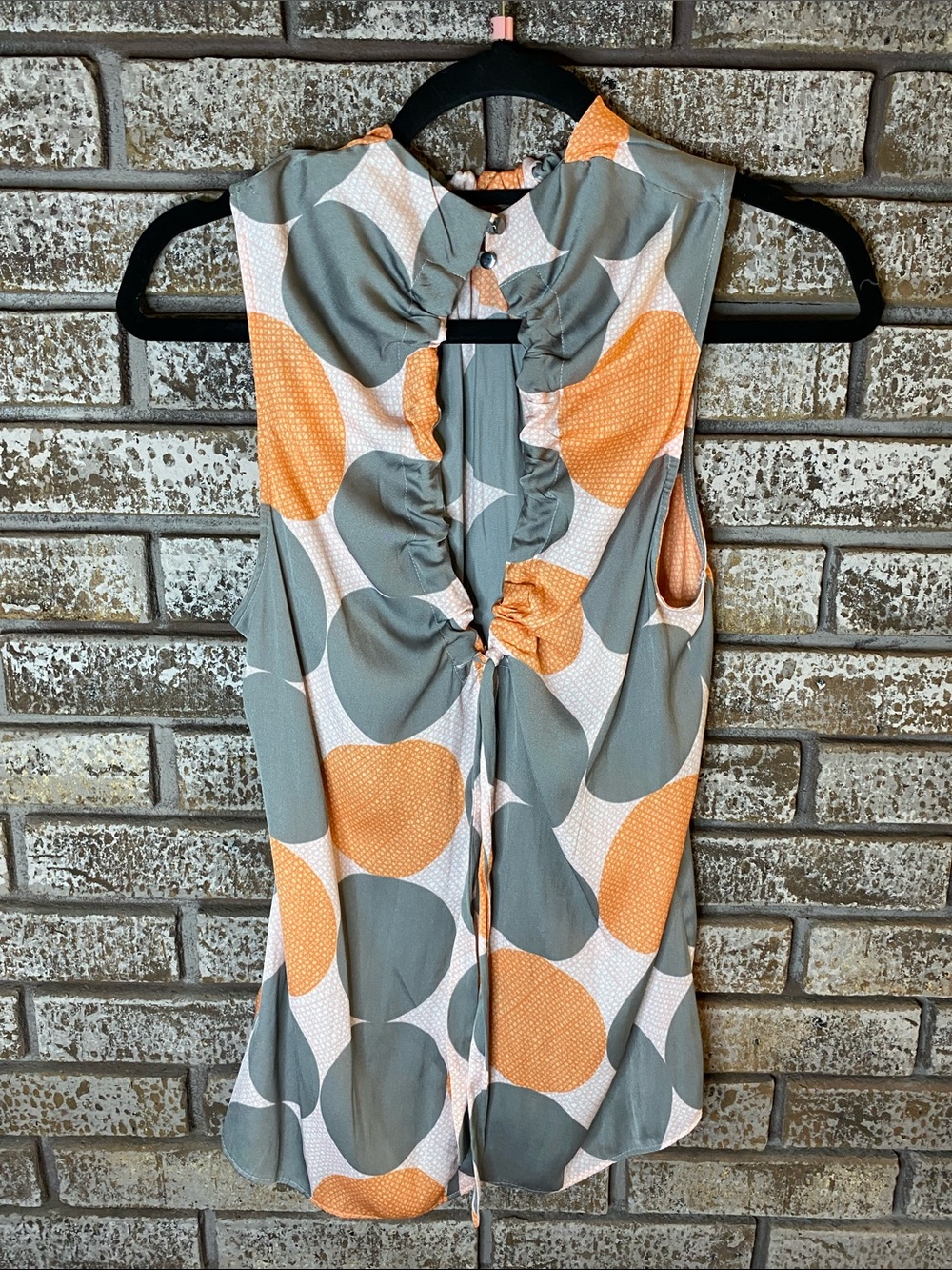 Next, sleeveless Dot Print Tie-Neck Top in Gray, Orange and Pink
